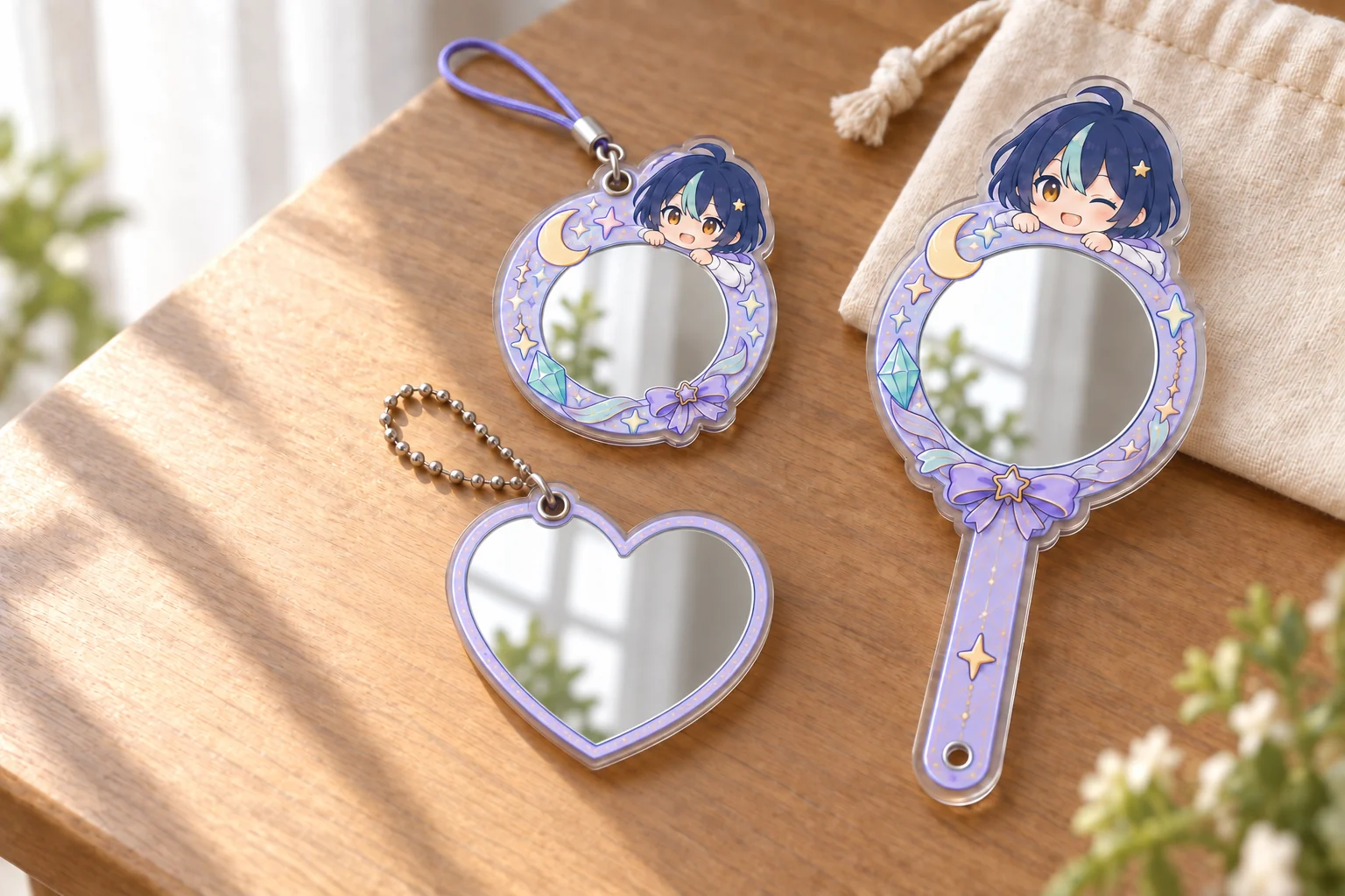 Custom heart mirror keychain, round mirror tag and handheld acrylic mirror merchandise samples