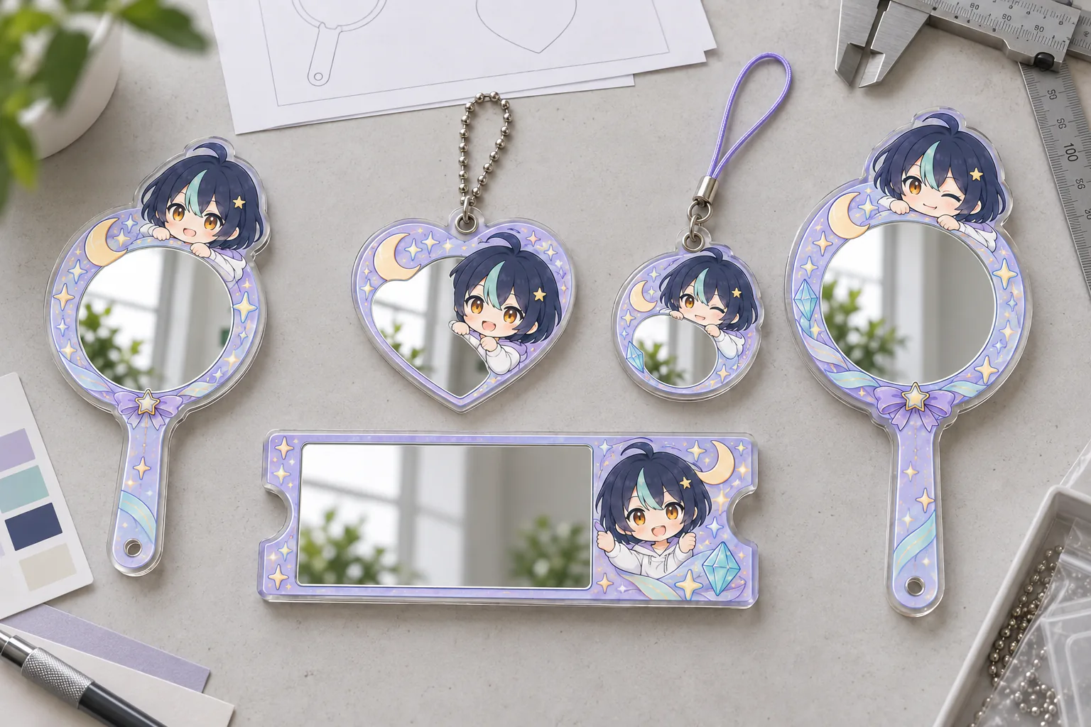 Handheld mirror, heart mirror keychain, round mirror tag, photo mirror stick and ticket-shaped mirror arranged as merchandise planning examples