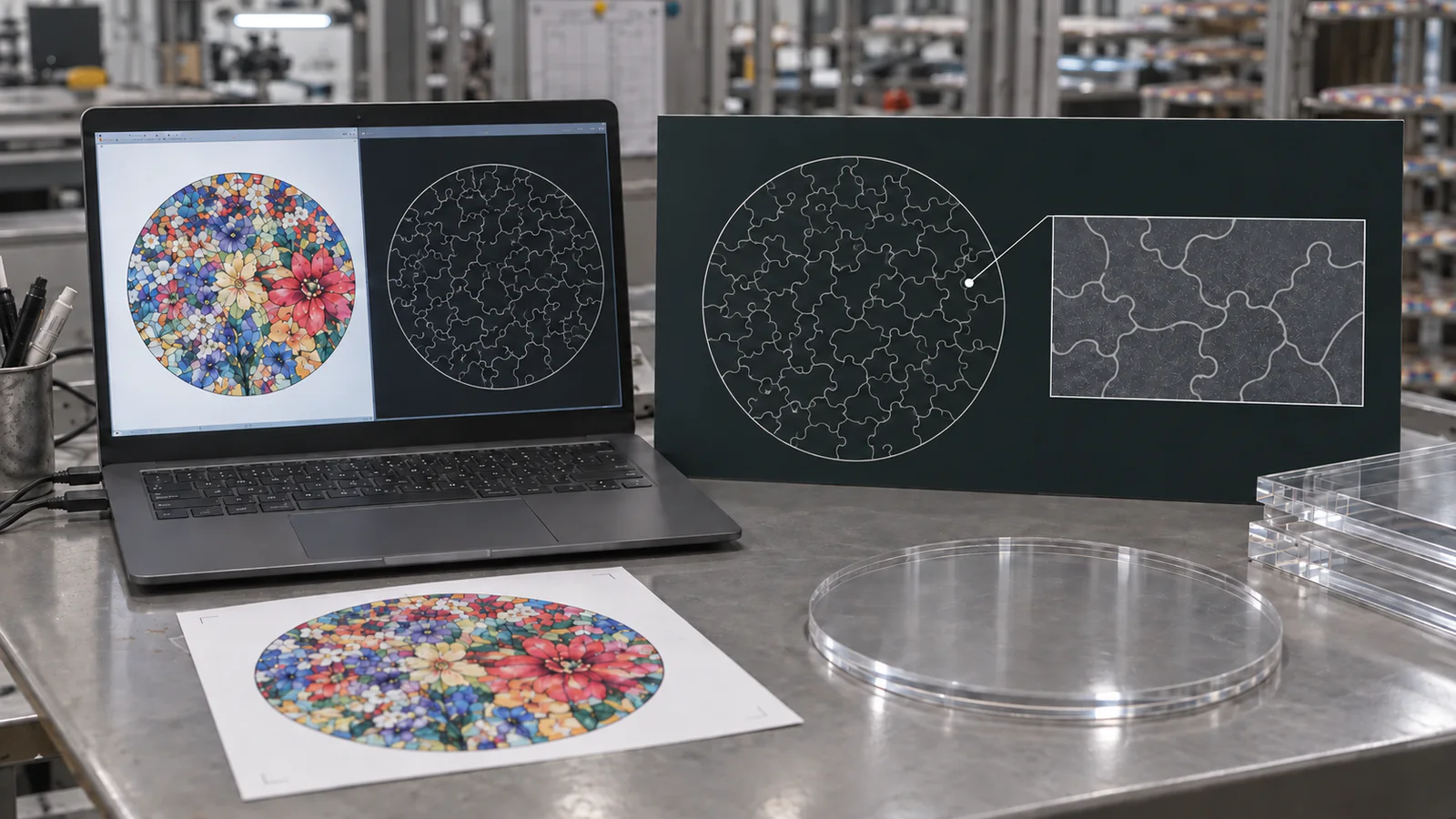 Acrylic puzzle print artwork and separate puzzle cut-line layout on a computer