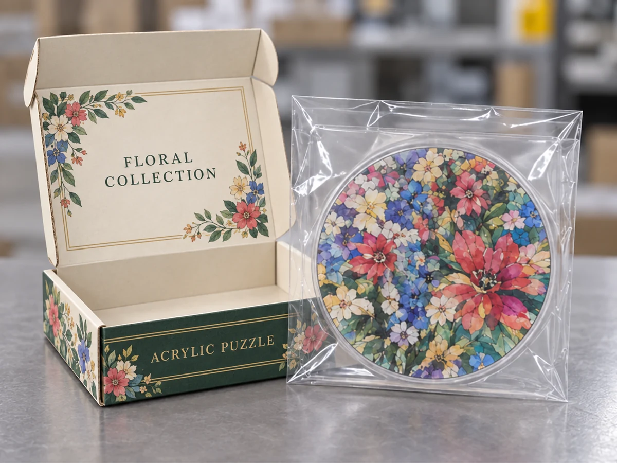 Custom acrylic puzzle packed in a designed folding carton with an inner bag