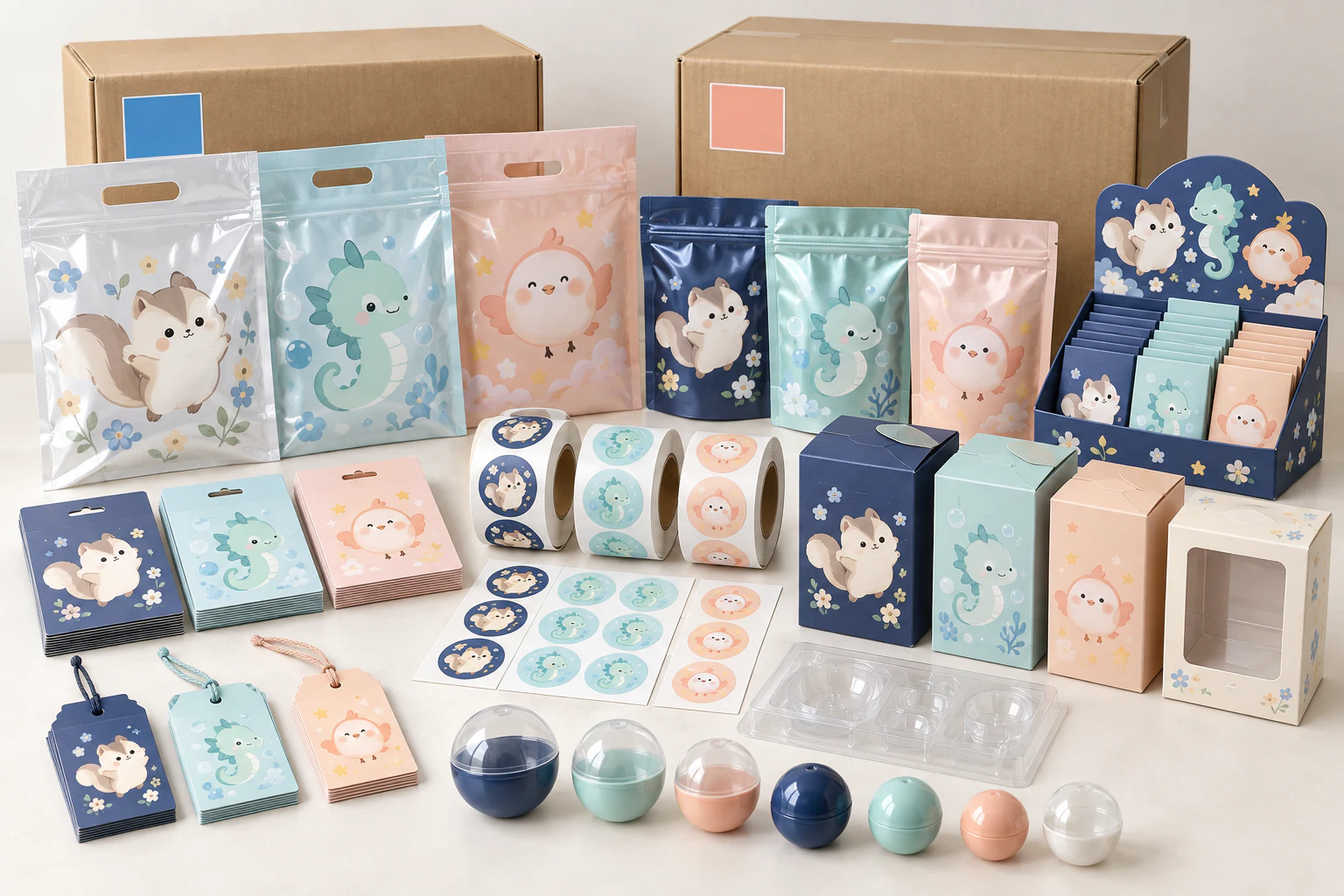 Printed bags, backing cards, sticker rolls, tags, folding cartons, trays, capsule shells and paper displays prepared as packaging components