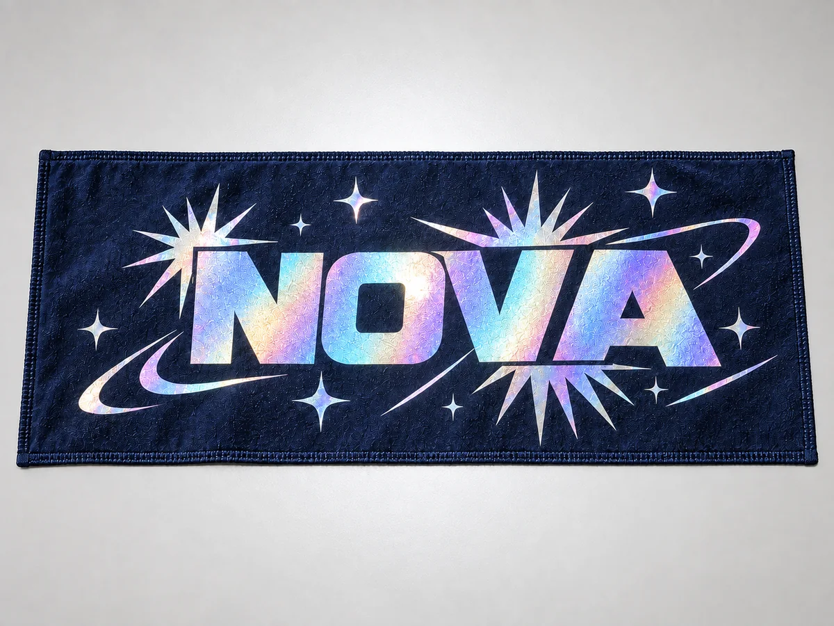 Reflective slogan towel photographed with direct flash