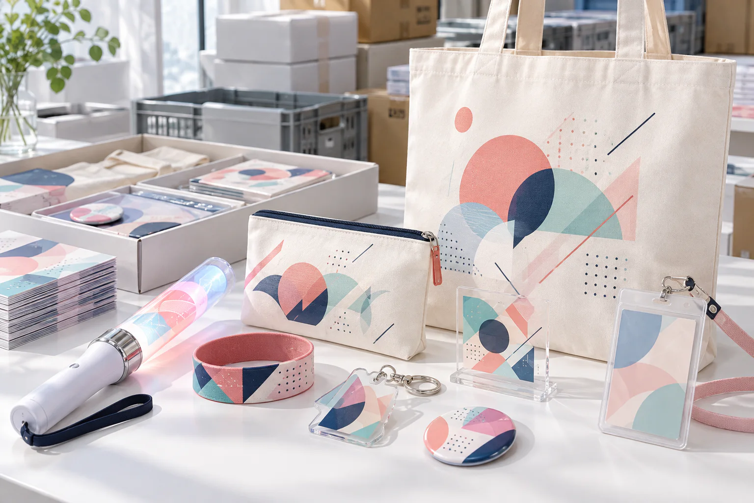 Fan and event merchandise set with acrylic goods, tote bag and light-stick accessories
