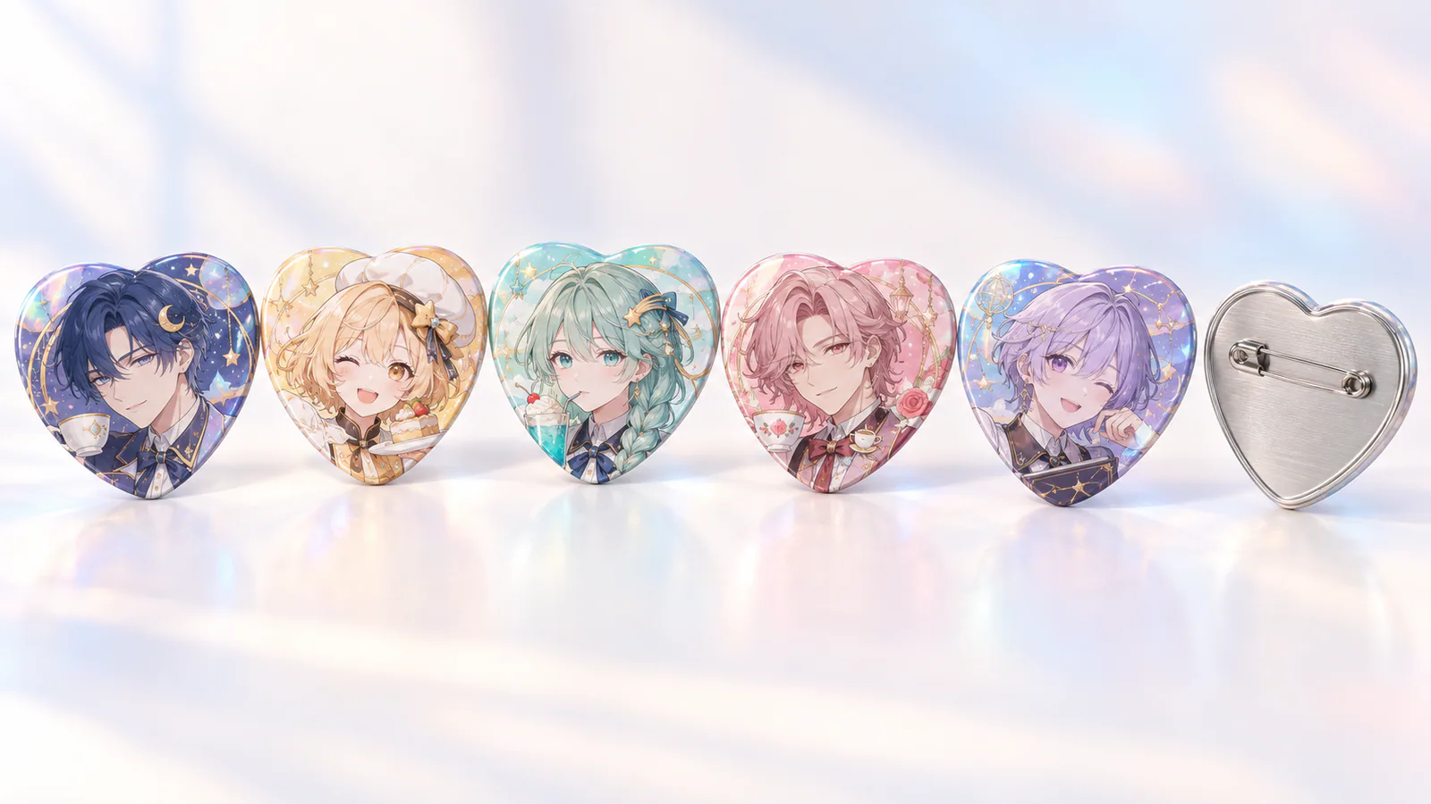 星灯り喫茶のオリジナルキャラクター5人を印刷したハート型缶バッジ5柄と安全ピン付き裏面の仕様例