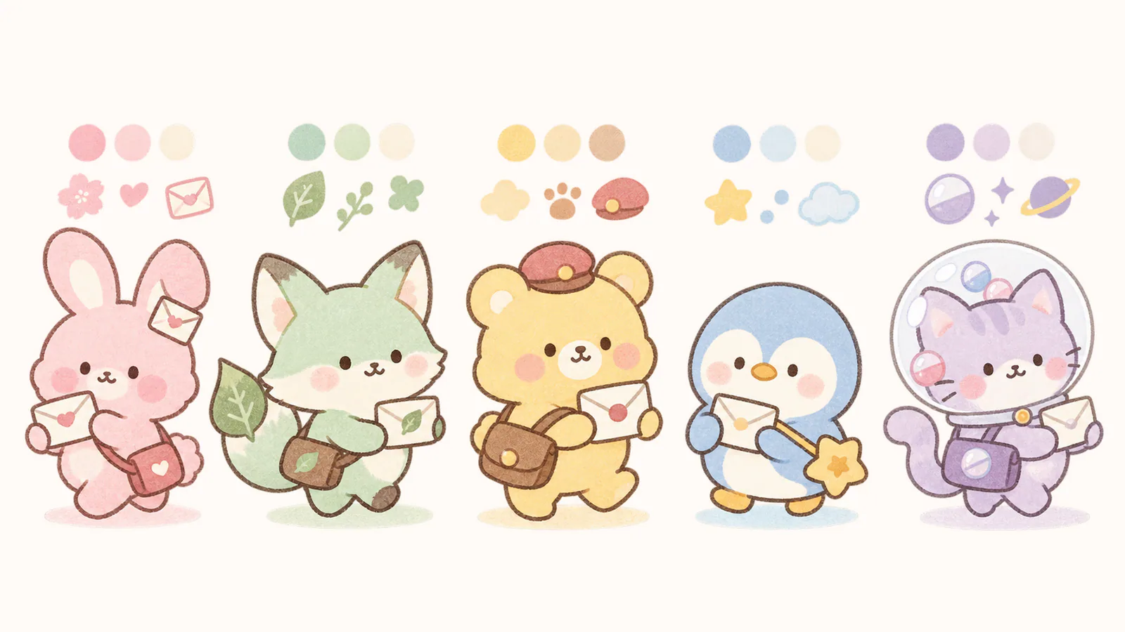 さくらうさぎ、ミントきつね、くま局長、星配達のペンギン、宇宙ねこのオリジナルIPキャラクター5体