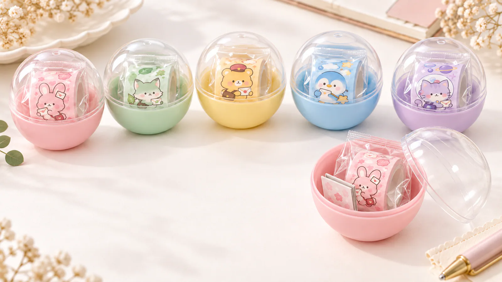 OPP packing and folded inserts for capsule toys Five washi tape designs individually packed in OPP bags with folded inserts inside capsules