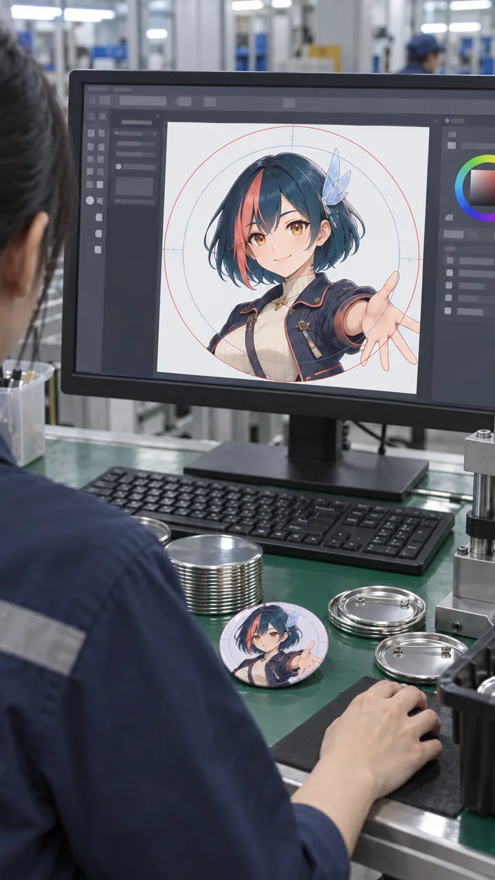 Reviewing print-ready button badge artwork on a production monitor