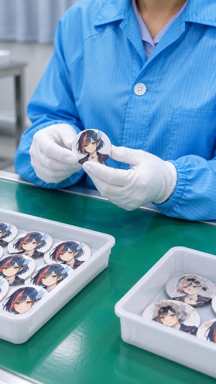 Inspecting the printed face of finished button badges