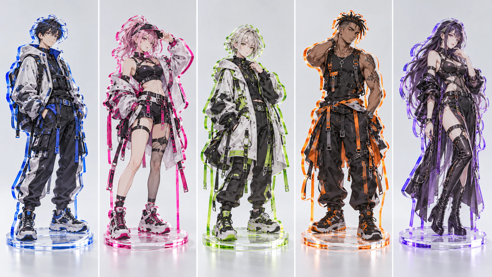 Five different original clear acrylic character standees with cobalt blue, magenta pink, lime green, vivid orange and violet painted edges