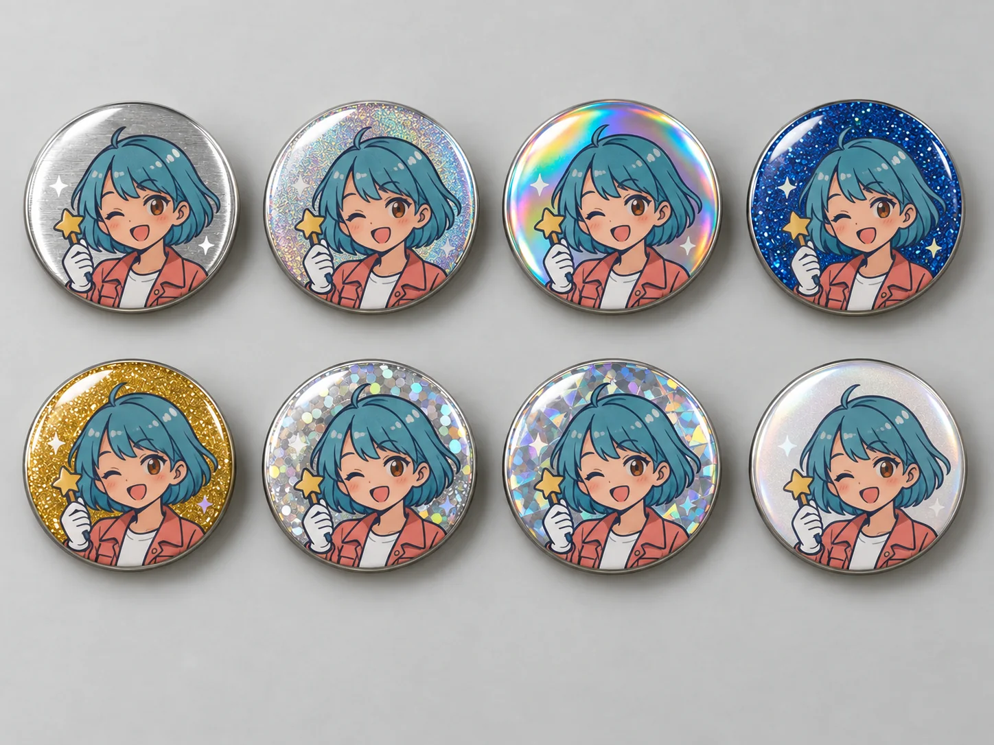 The same original character printed on eight specialty-paper button badges