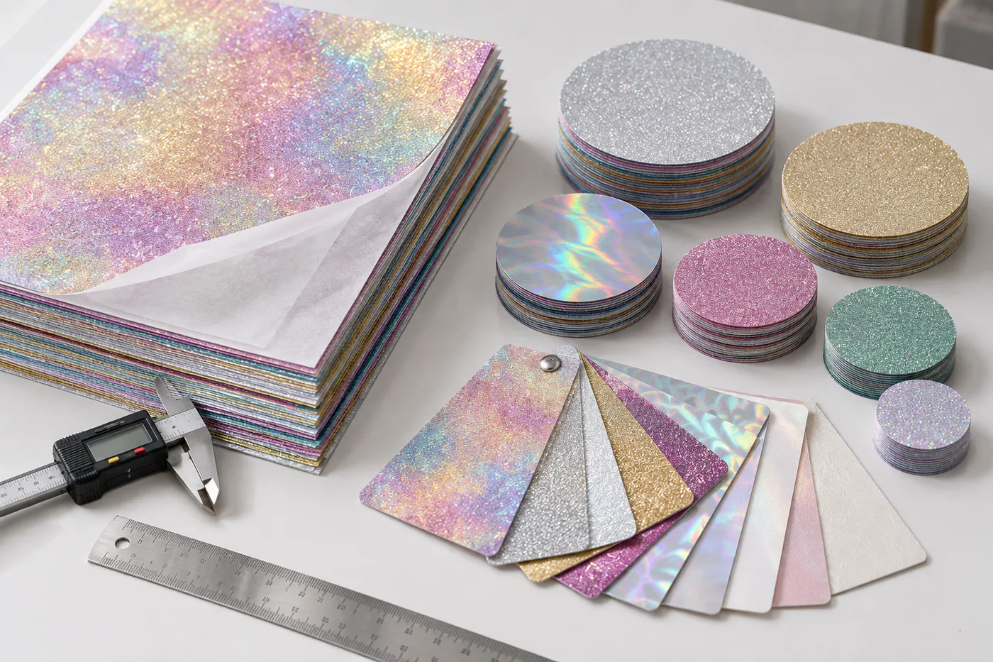 A4 holographic paper, round die-cut blanks, swatches and measuring tools