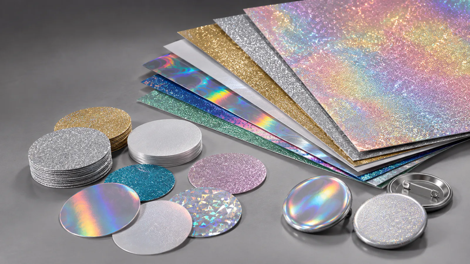 A4 holographic sheets, die-cut paper circles and finished button badge samples