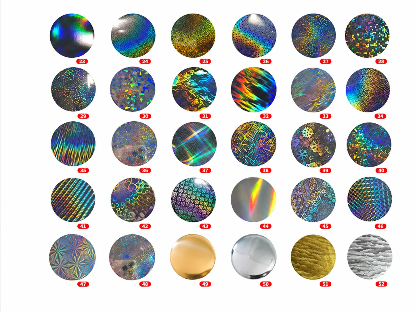Thirty hologram pattern samples for custom button badges