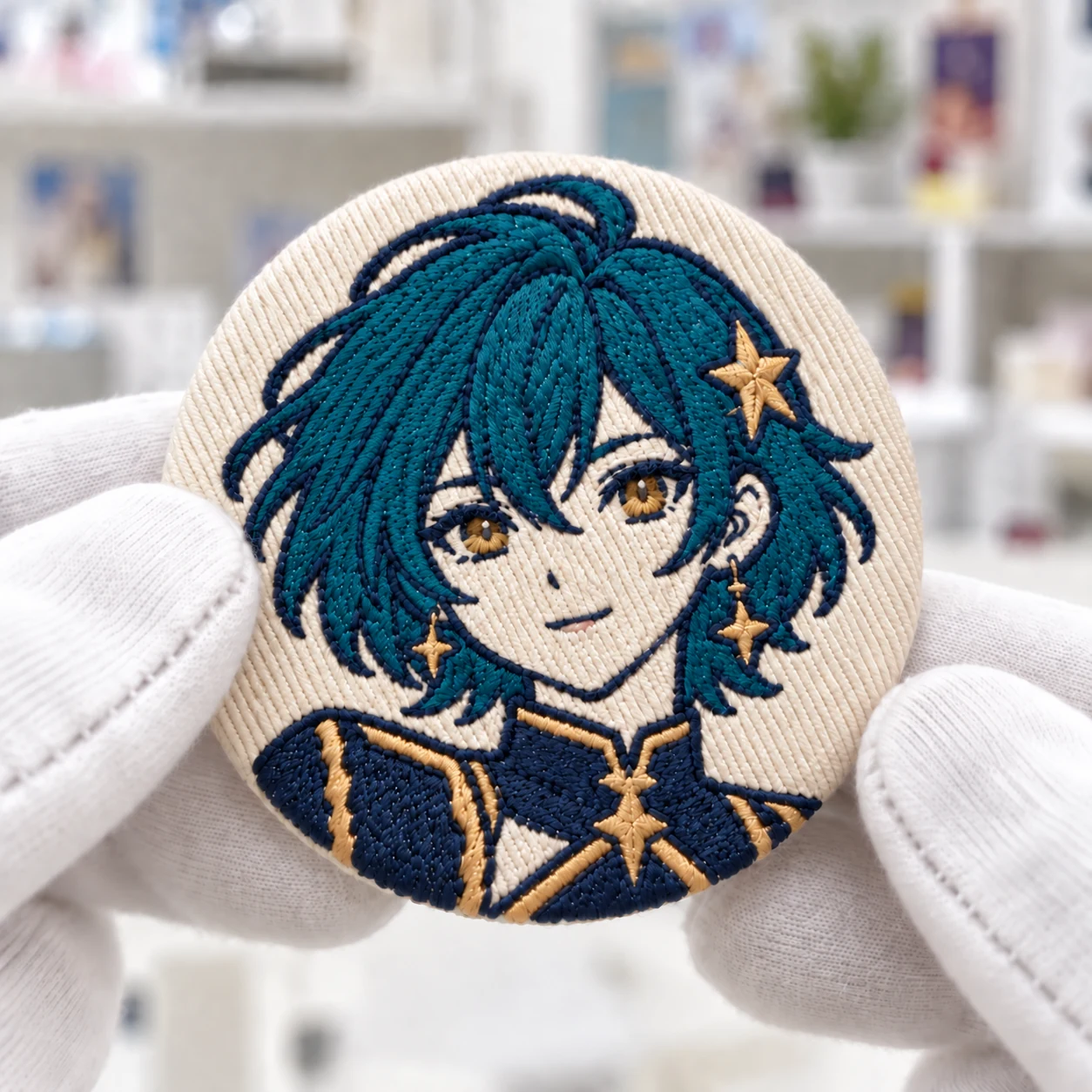 Four-color embroidered original character button badge with single-color hair