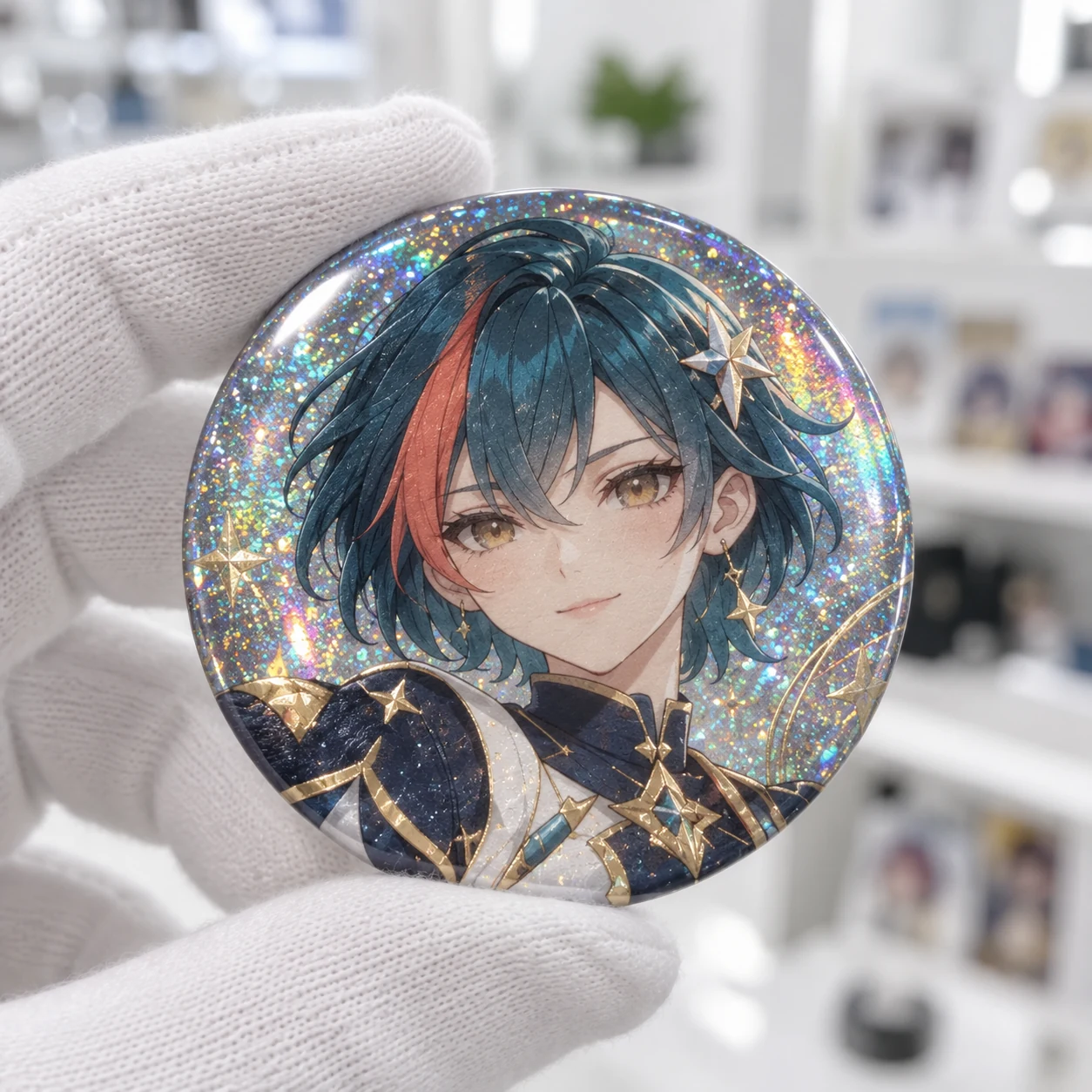 Original character foil-stamped double-glitter button badge