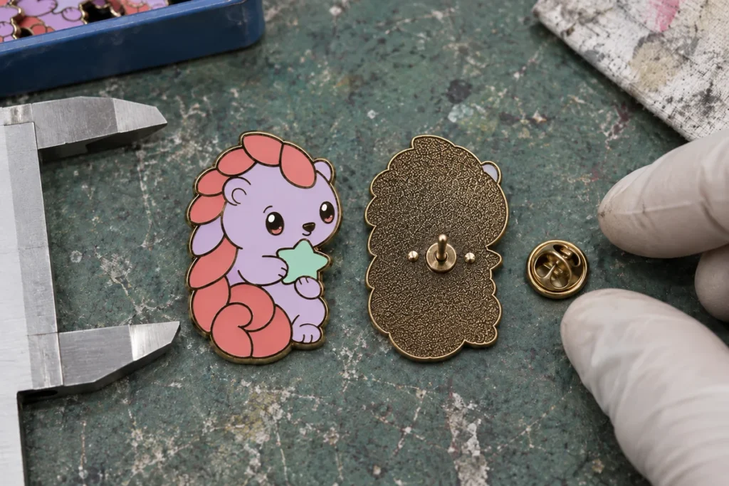 Front and matching-silhouette metal back of the same original Moonberry Pangolin enamel pin