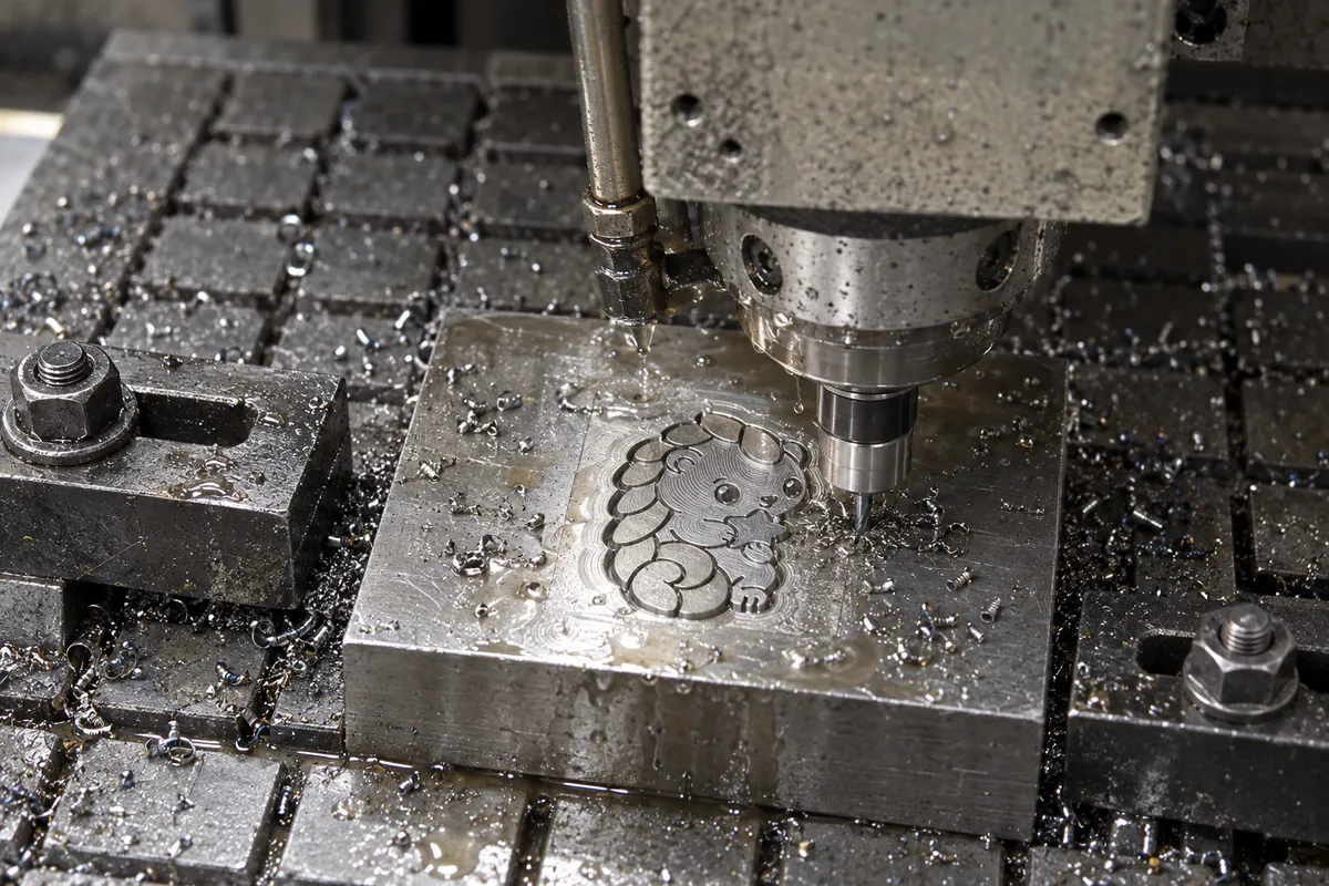 Metal tooling engraved to match the Moonberry Pangolin pin outline and color-cell geometry