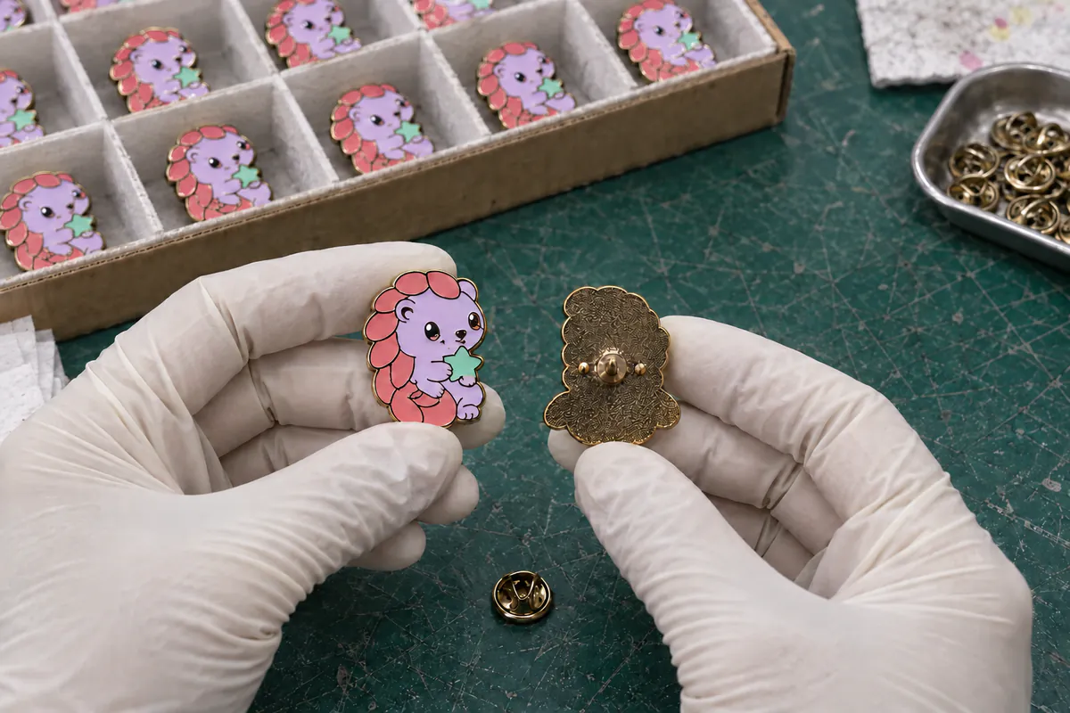 Front and matching-silhouette metal back of the same Moonberry Pangolin pin being inspected