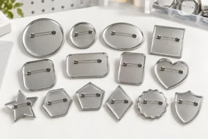 Back views of round, oval, rounded-rectangle, heart, star and polygon button badges