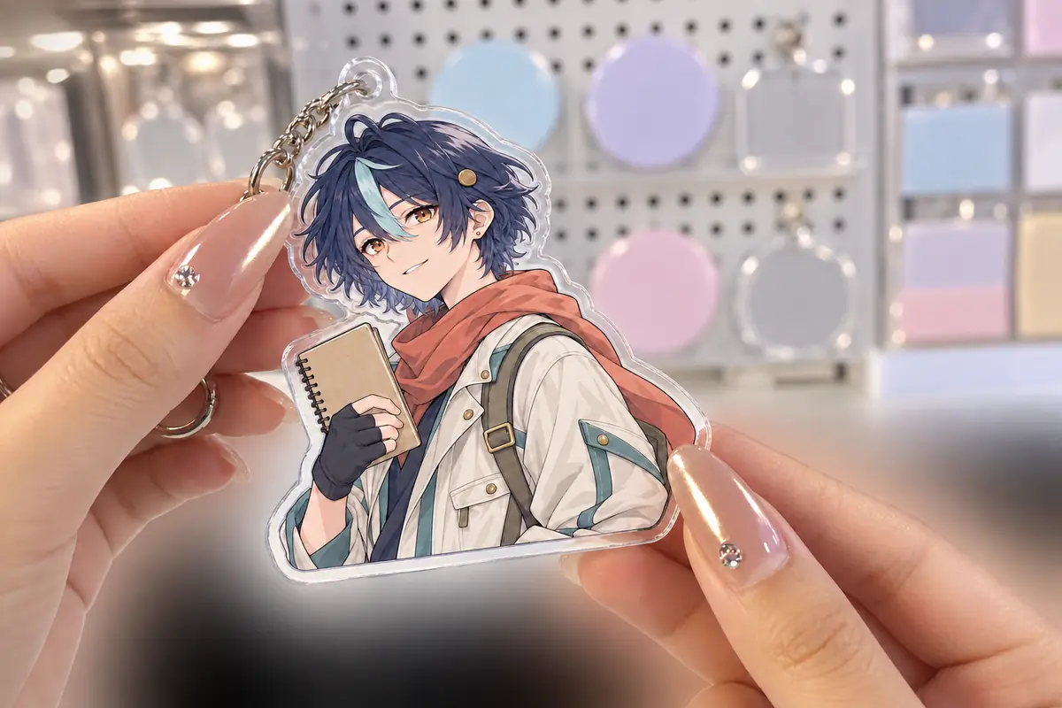 Clear acrylic keychain and stand samples showing transparent edges
