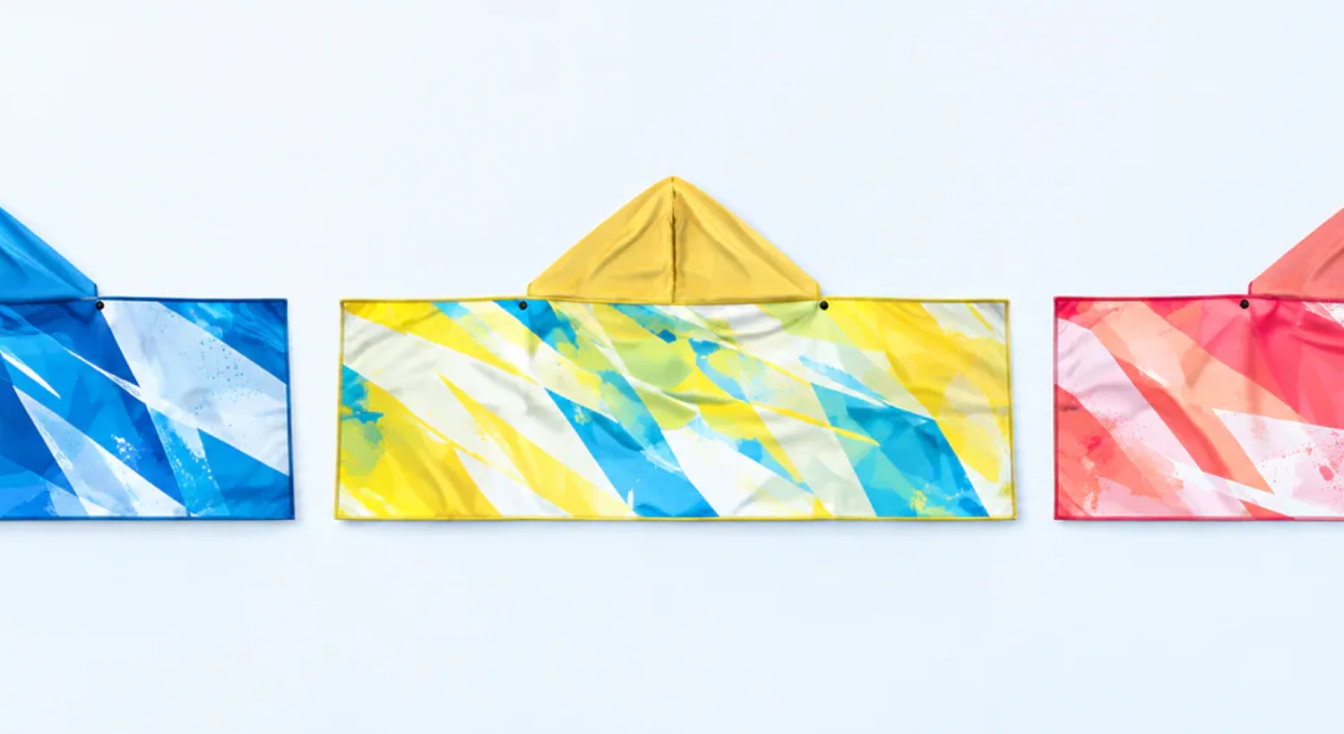 Blue, yellow, and coral custom hooded cooling towel colorways