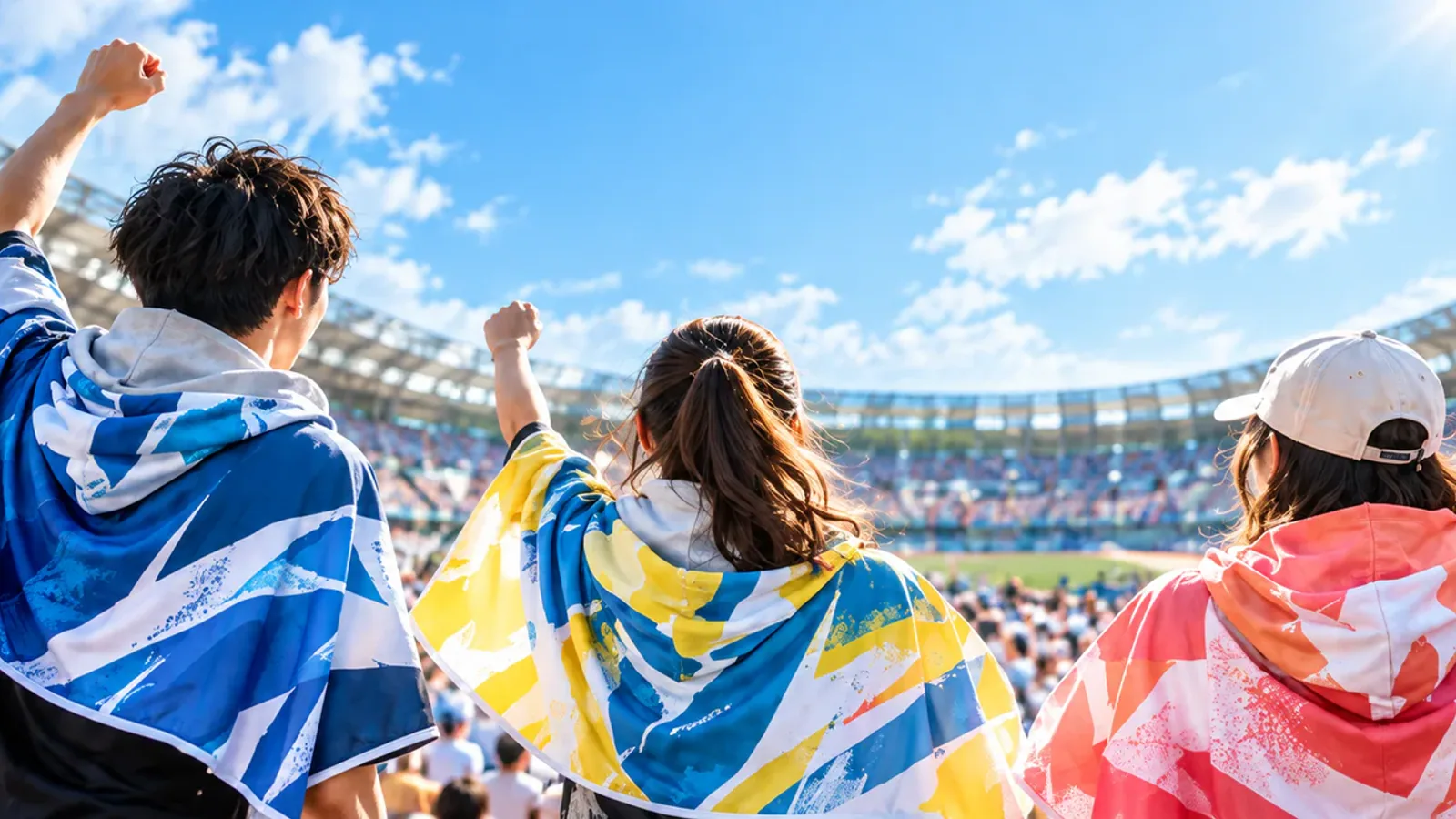 Three supporters wearing custom hooded cooling towels in a stadium