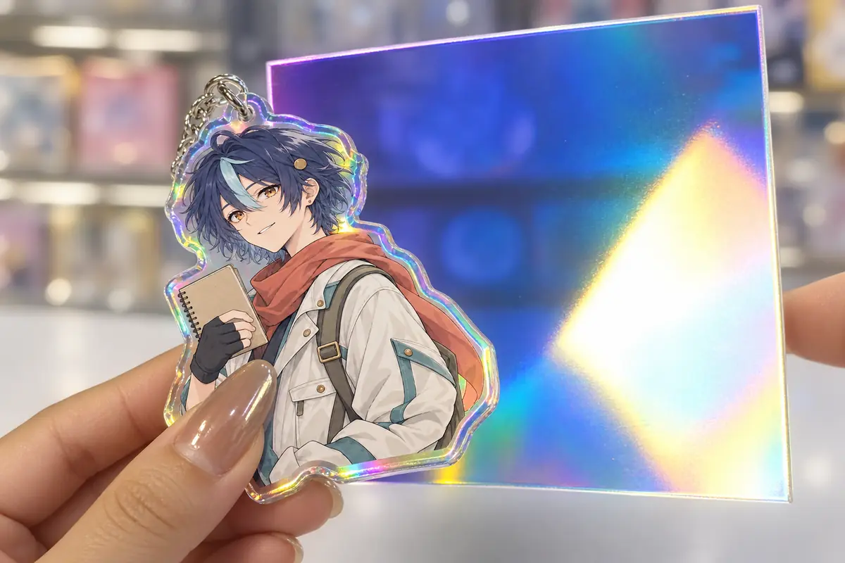 Holographic acrylic charm sample reflecting rainbow colors