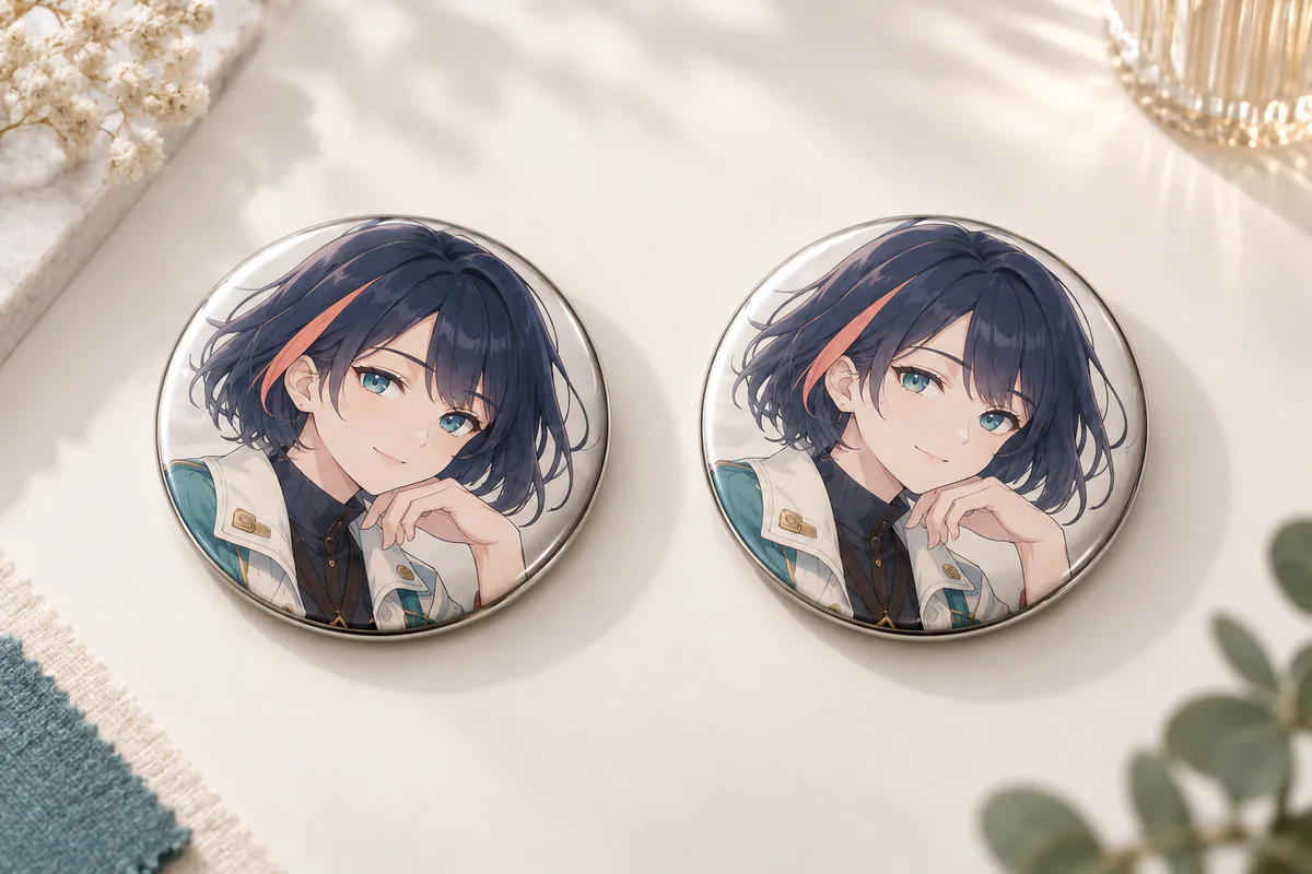 同じオリジナルキャラクターを使ったUV印刷とオフセット印刷の缶バッジ比較