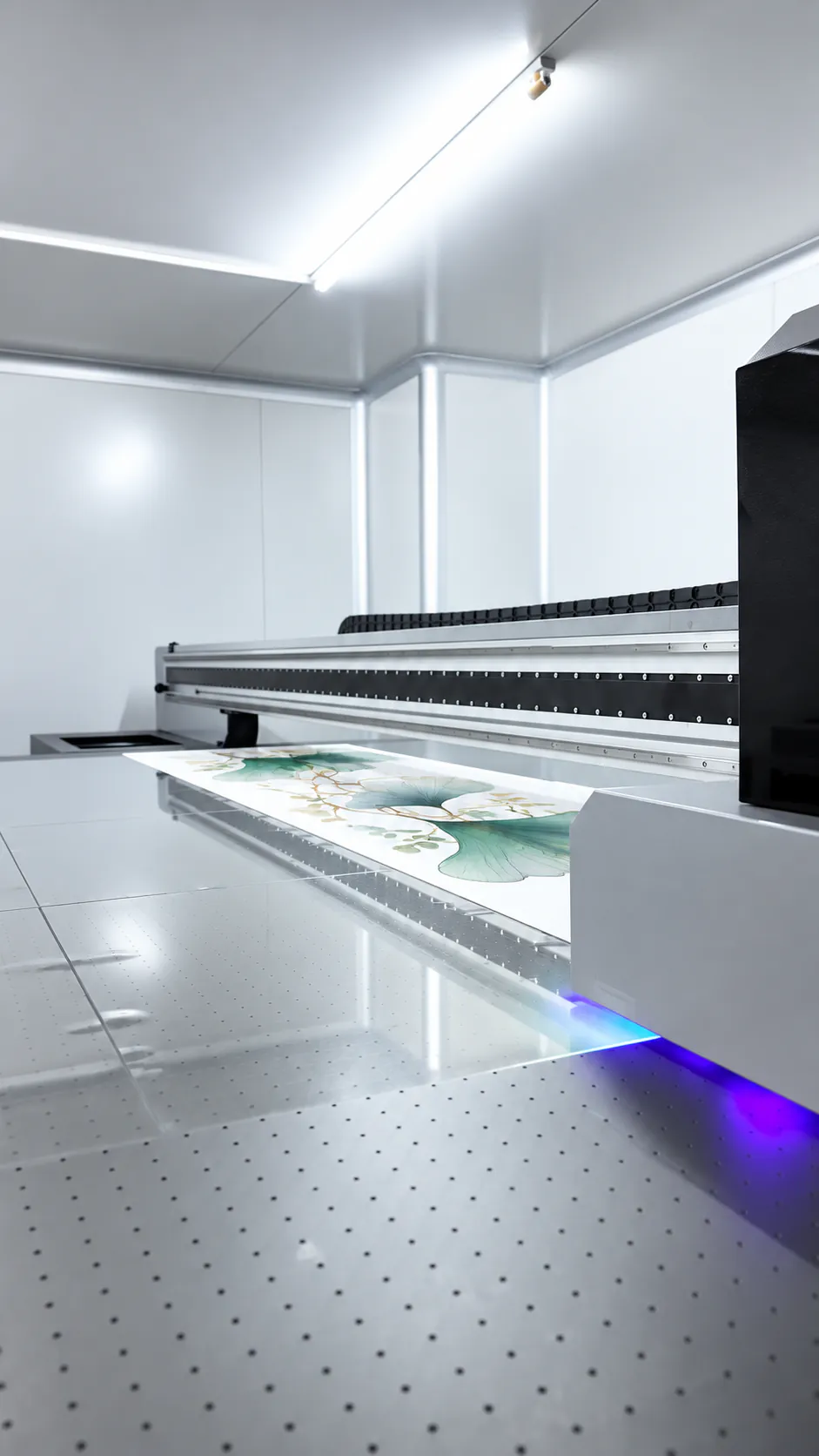 Flatbed UV printer depositing and curing ink directly on a rigid sheet