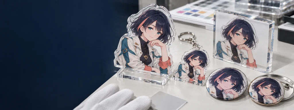 同じオリジナルキャラクターのUV印刷とオフセット印刷を並べた缶バッジとアクリルグッズの比較
