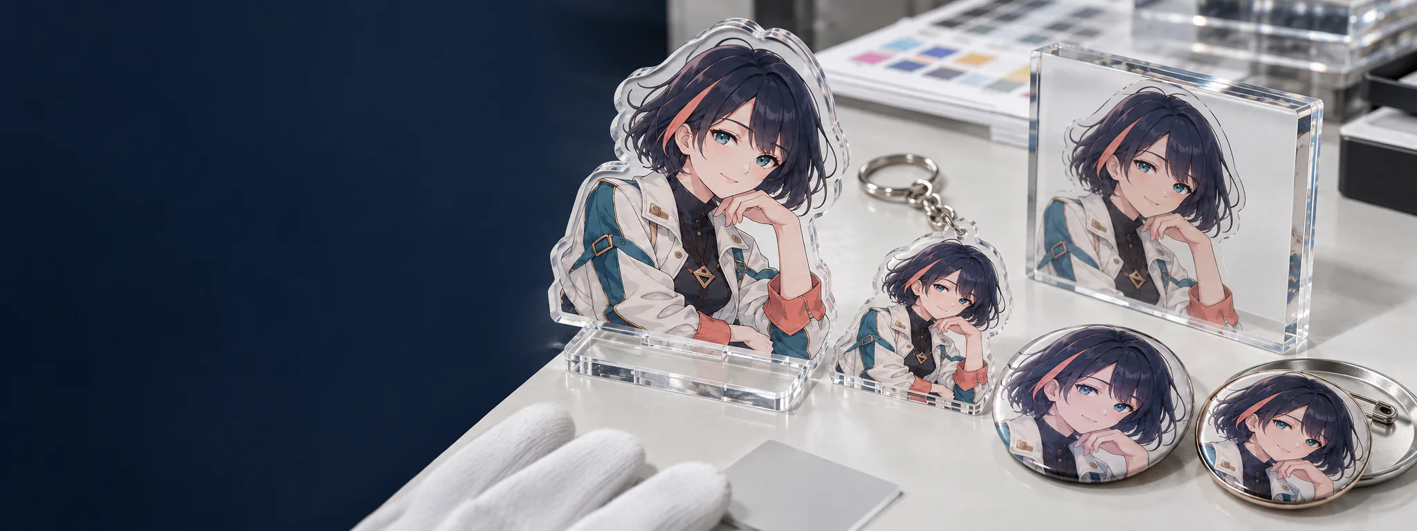 UV and offset printed badges and acrylic merchandise shown side by side